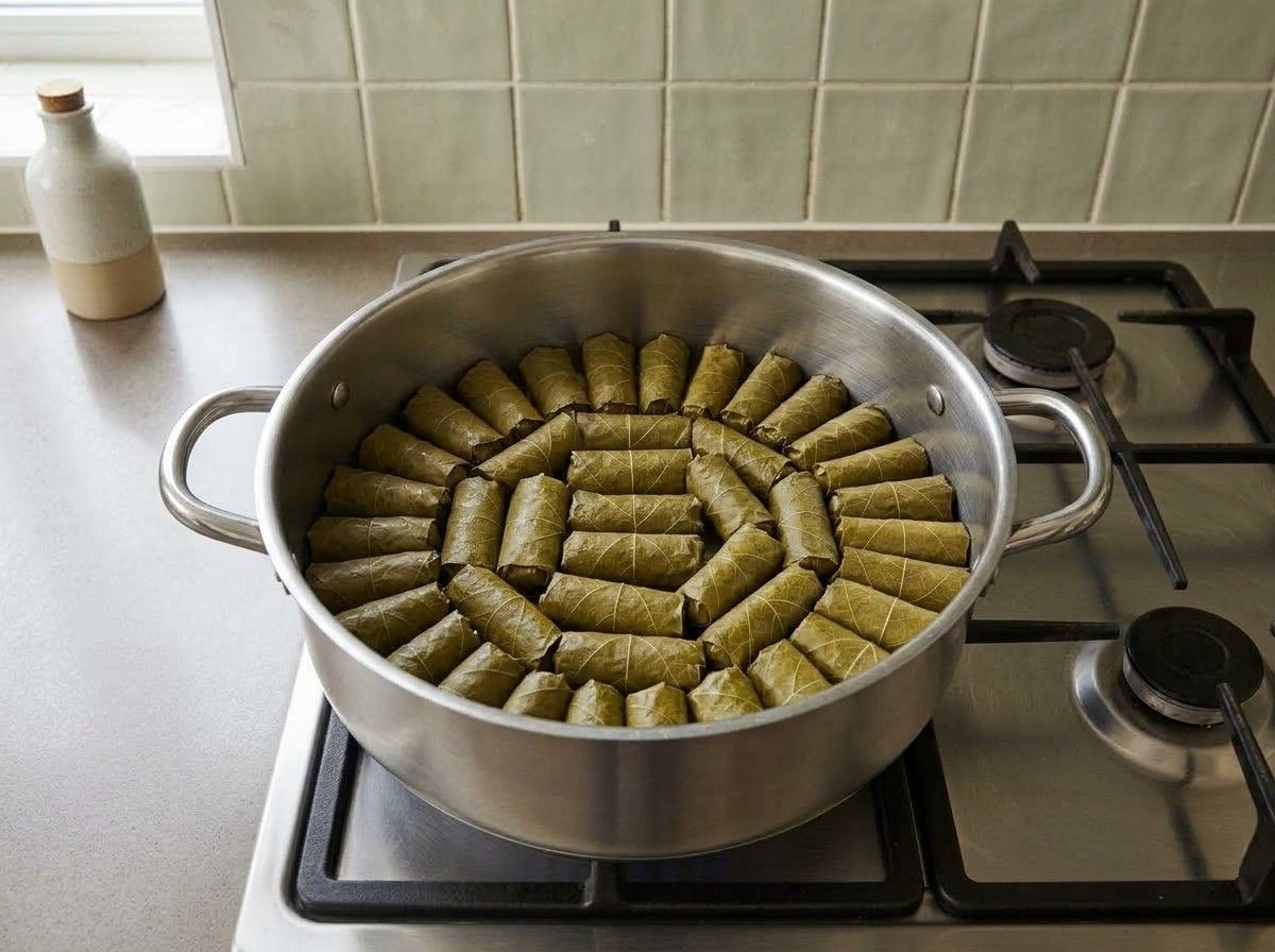 Rolled dolmades packed tightly seam side down in circles in the pot