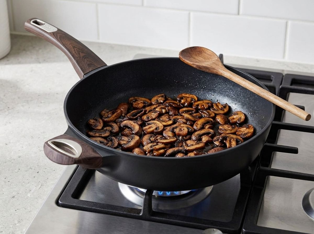Sliced cremini mushrooms browning in a black skillet until the pan is dry.