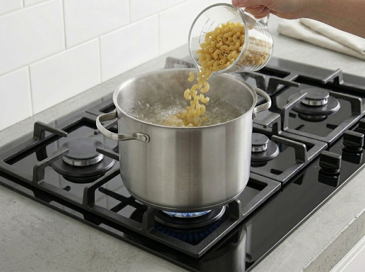 Dry ridged elbow macaroni poured from a measuring cup into a large stockpot of boiling water