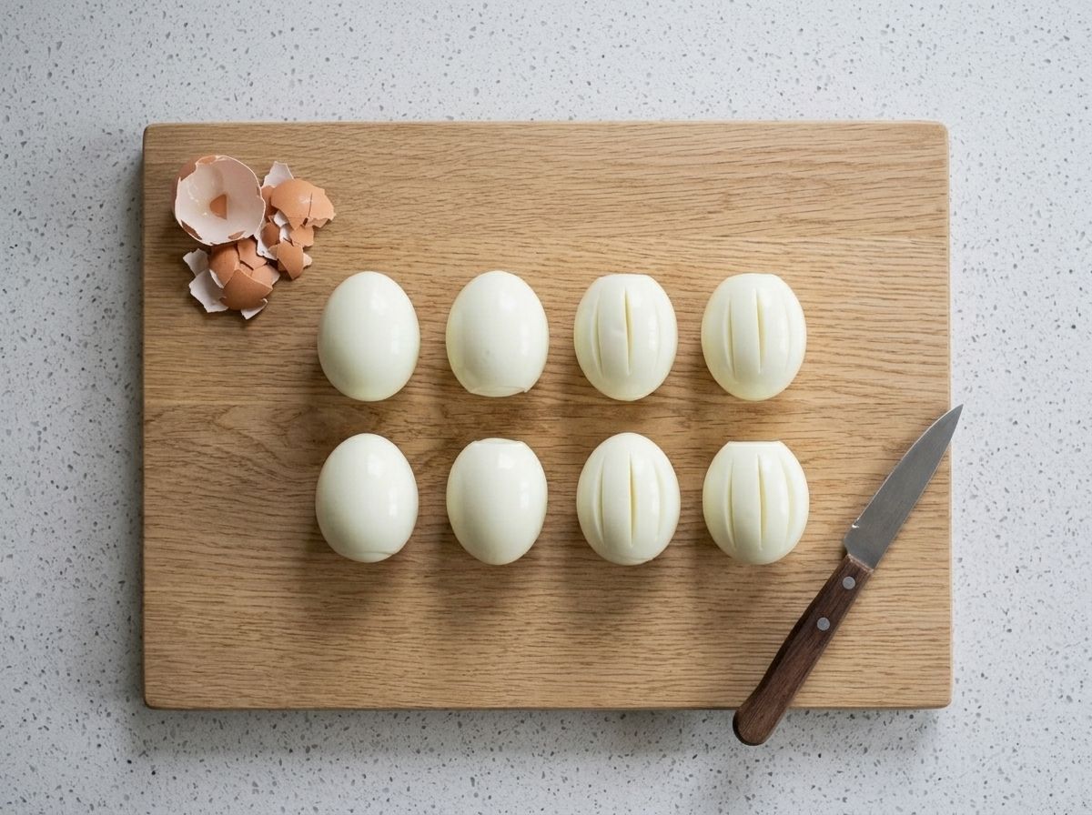 Peeled hard-boiled eggs on a board, half of them scored with three lengthways slits, beside a paring knife and the shells.