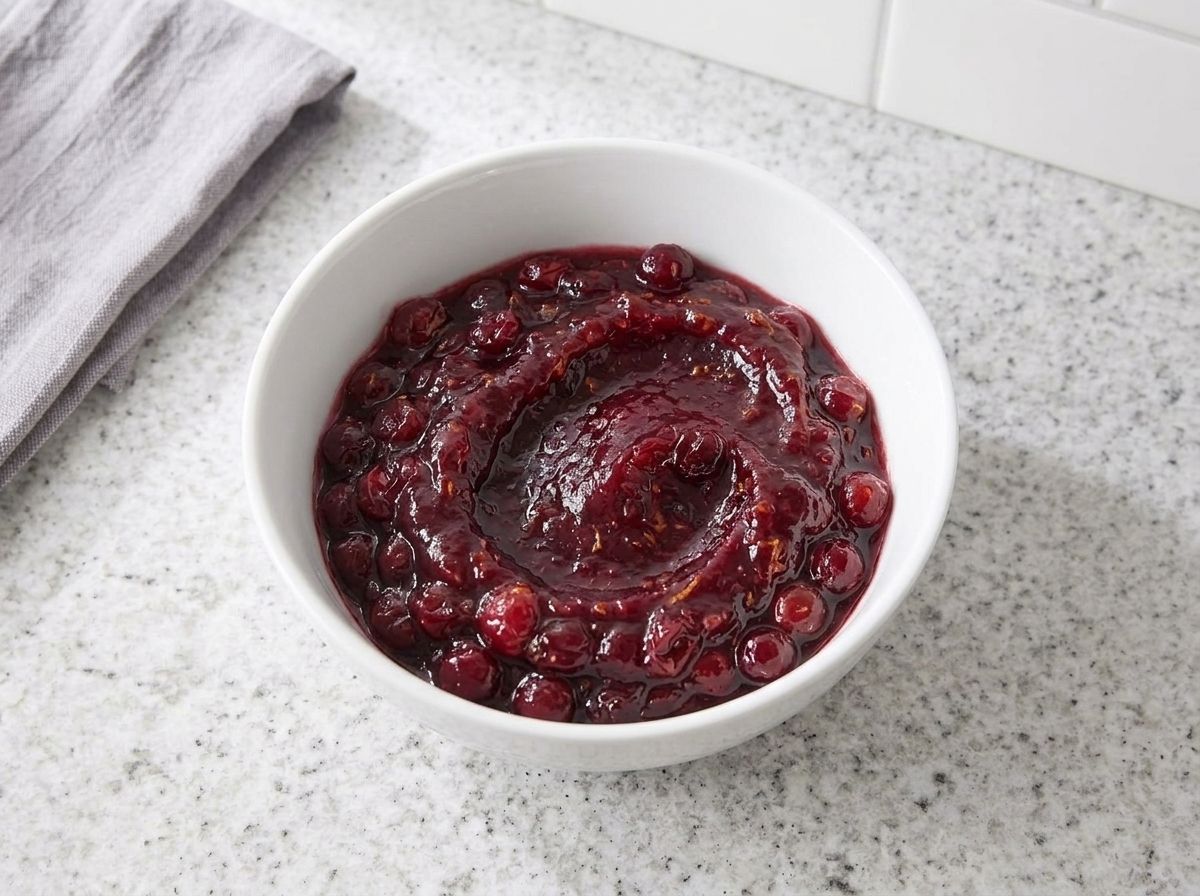 The cooled cranberry orange sauce set to a soft mound in a white serving bowl