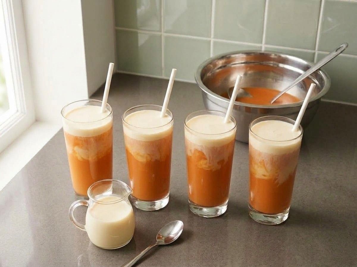 Thai iced tea topped with evaporated milk drifting down in white clouds, with straws