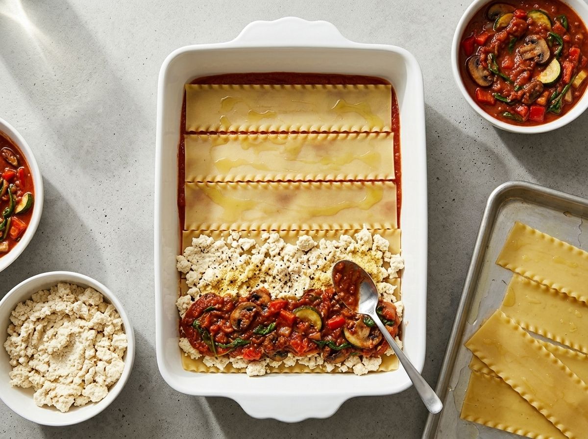 The lasagna half assembled, showing marinara, noodles, tofu ricotta and vegetable sauce layered in the dish