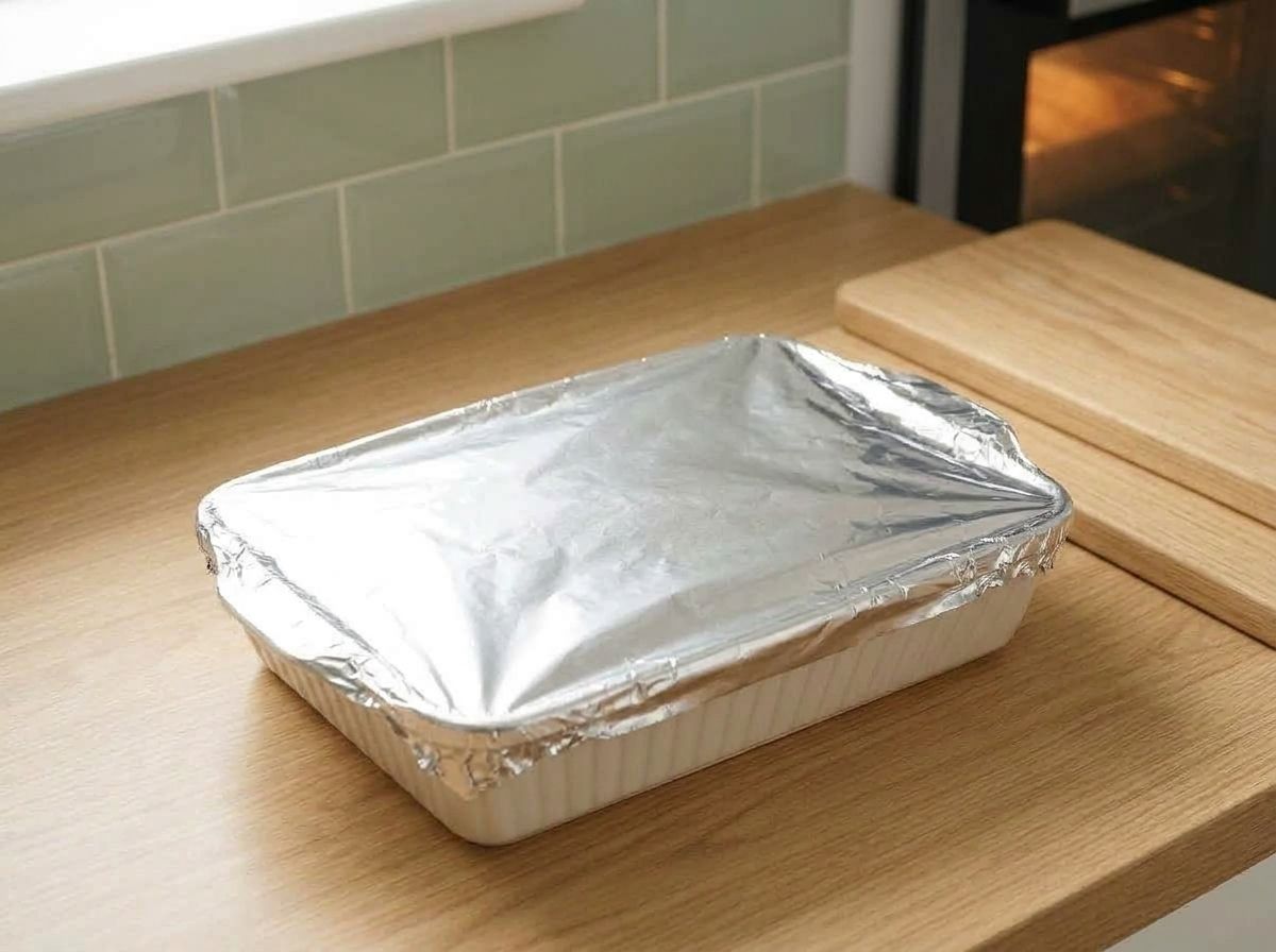 The filled baking dish covered tightly with aluminum foil before it goes into the oven.