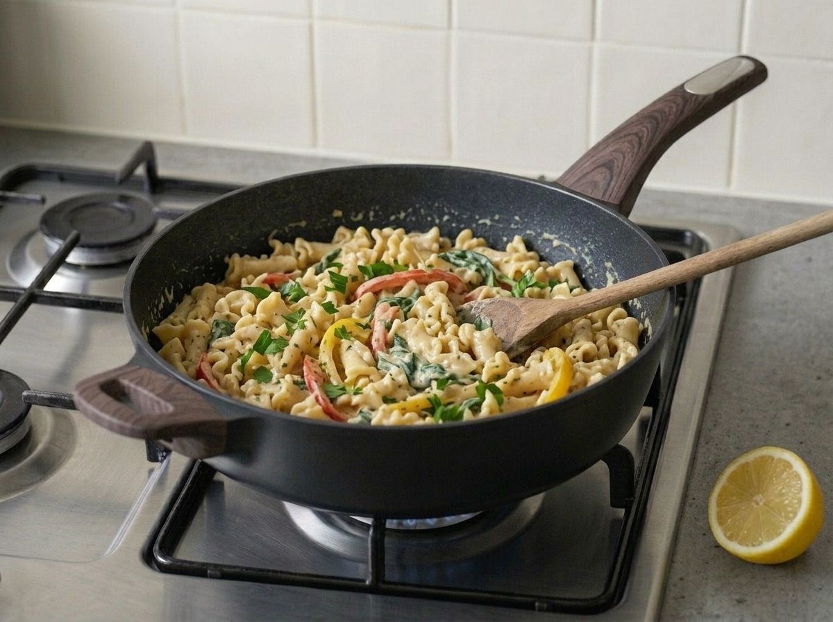 Campanelle tossed through the tofu sauce until every piece is coated, off the heat with a lemon half beside the pan