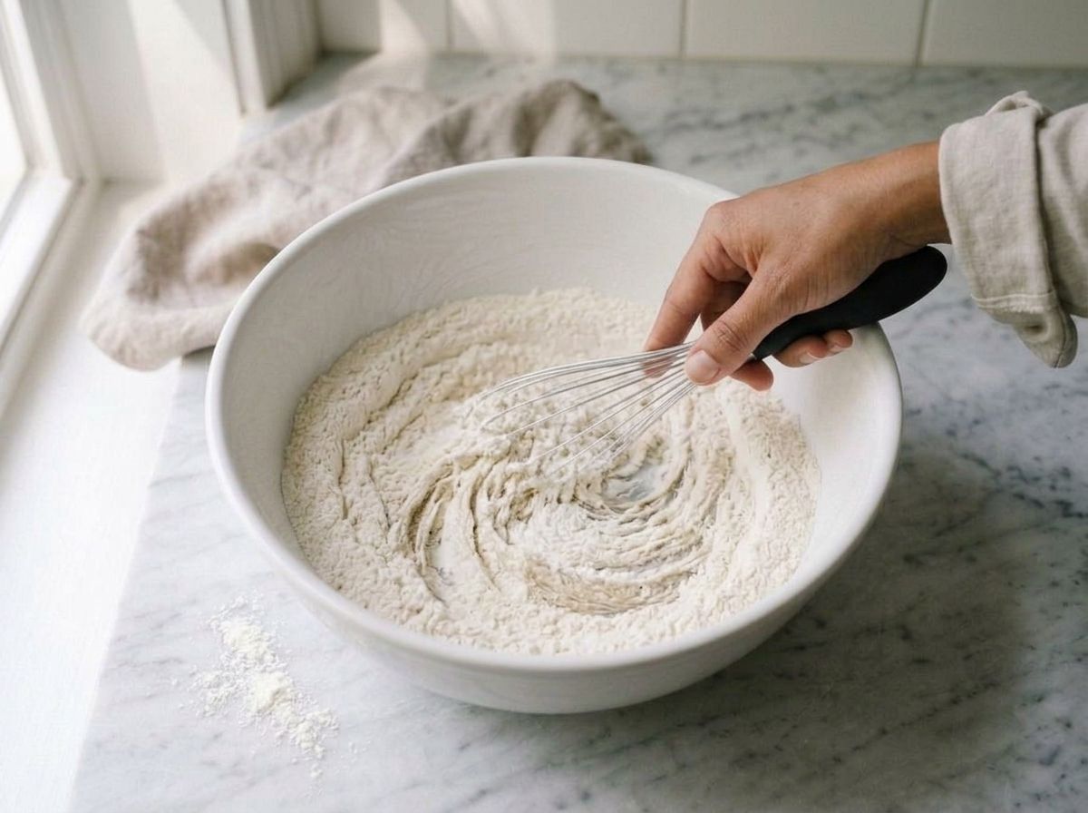 Flour, sugar, baking powder, baking soda and salt being whisked together in a white ceramic bowl