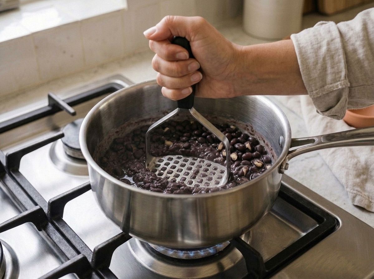 A hand pressing a potato masher into the simmering black beans to crush about half of them