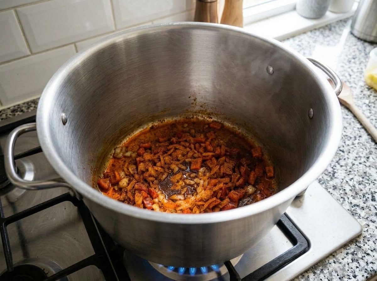 Taco seasoning blooming in the oil with the onion and pepper, the oil turned rust red