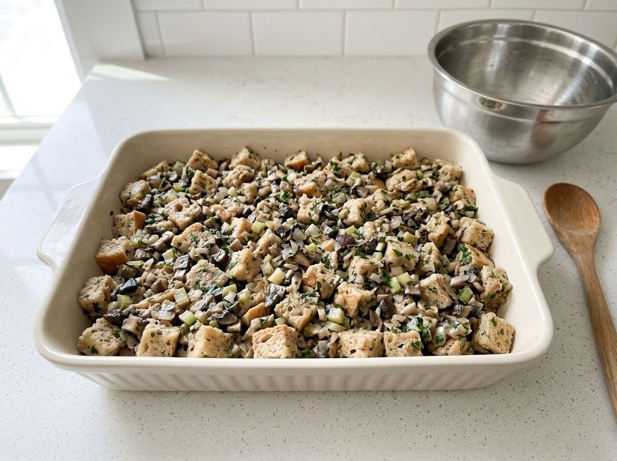 The unbaked stuffing piled loosely into a cream stoneware baking dish.