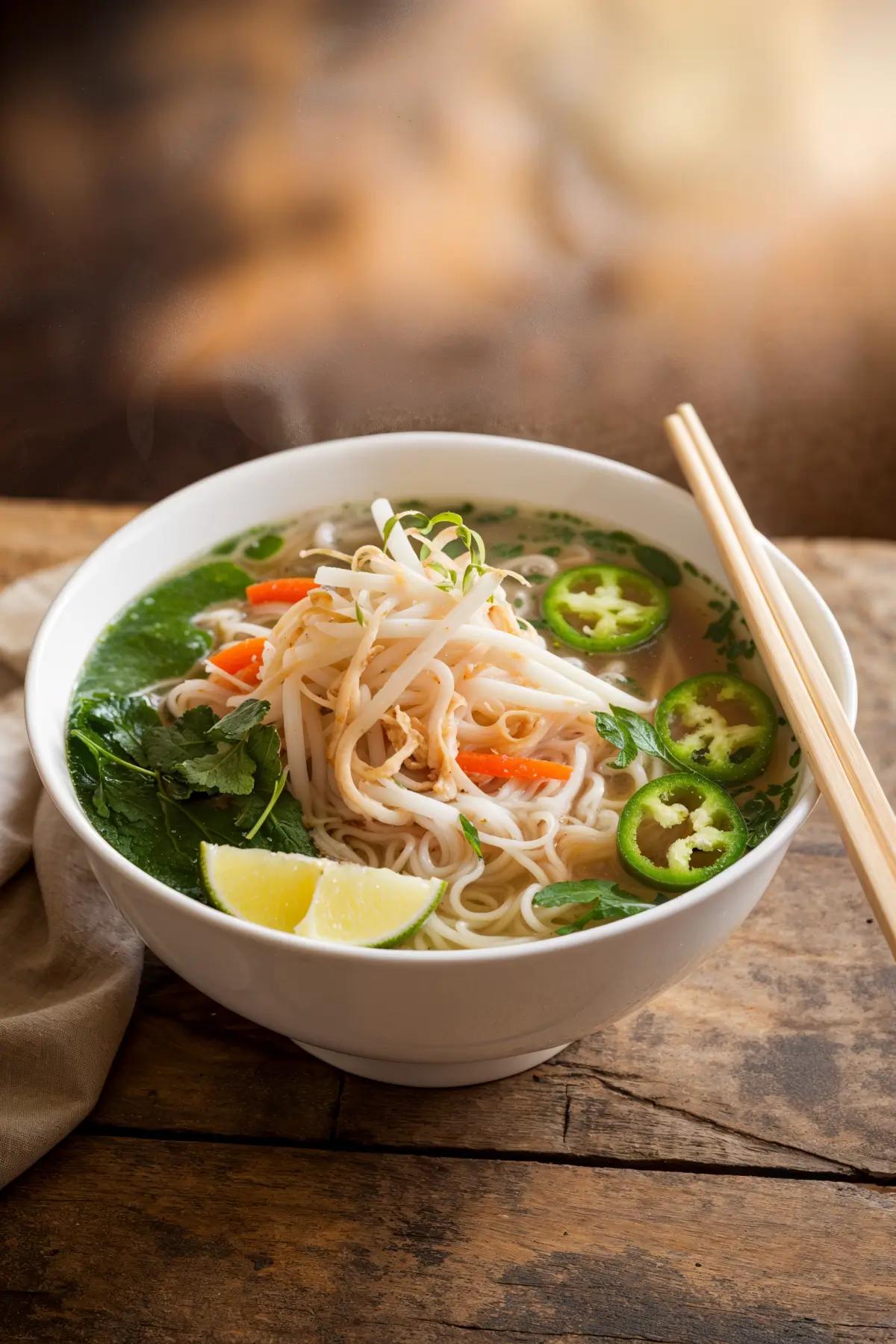 A bowl of vegetarian pho with rice noodles, herbs, bean sprouts, and lime on a wooden table.