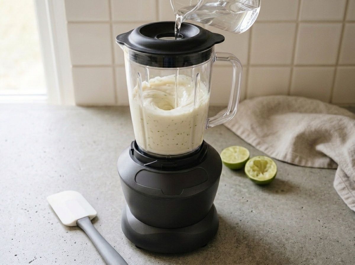 Melted coconut oil poured in a thin stream into the running blender