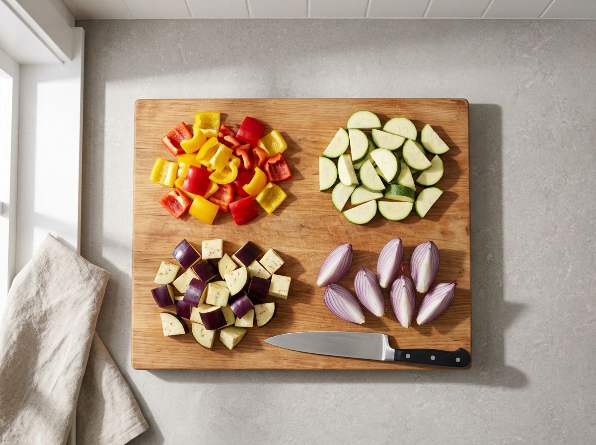 Pepper chunks, thick zucchini half-moons, eggplant chunks and one red onion in wedges cut to the same size on a wooden board
