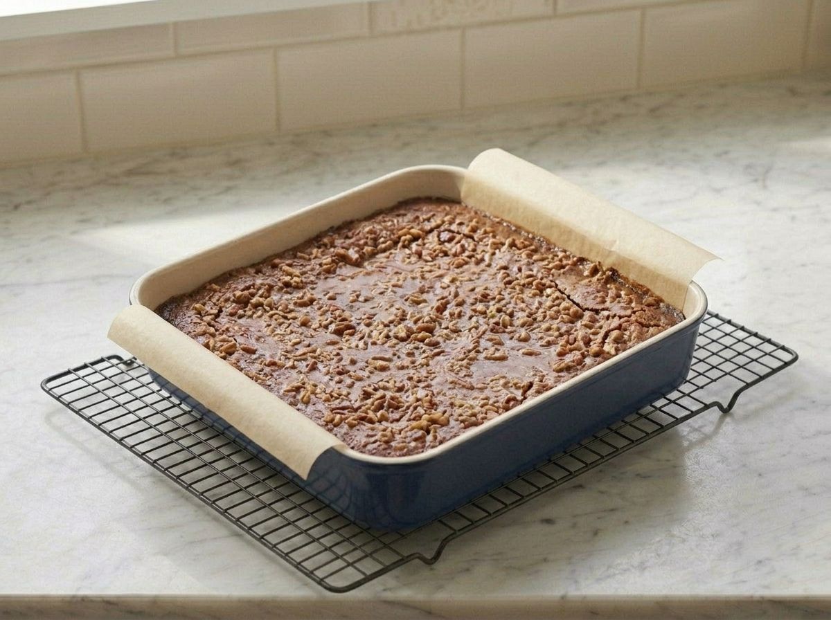 The baked slab cooling in its pan on a wire rack, the filling set and crusted with chopped pecans