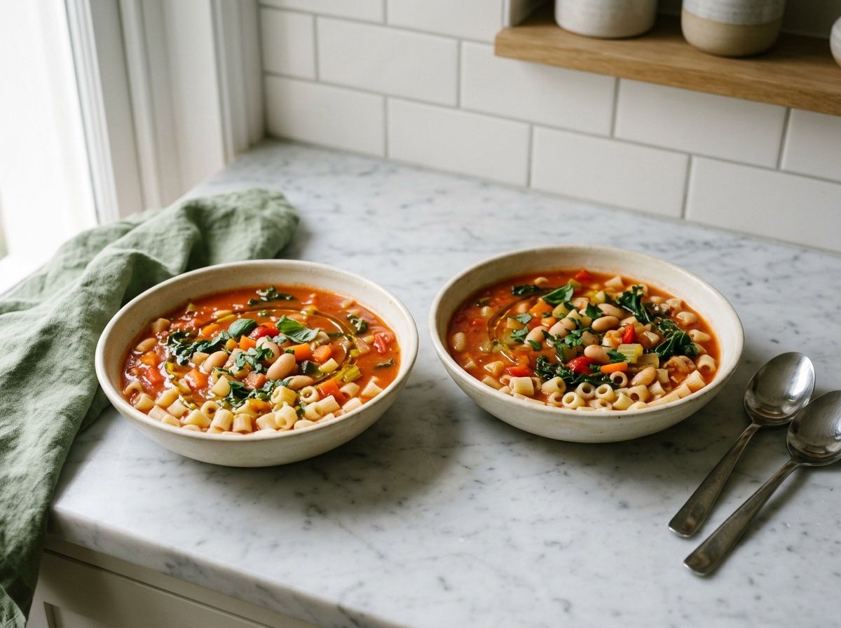 Two bowls of minestrone ladled over ditalini and finished with olive oil and parsley