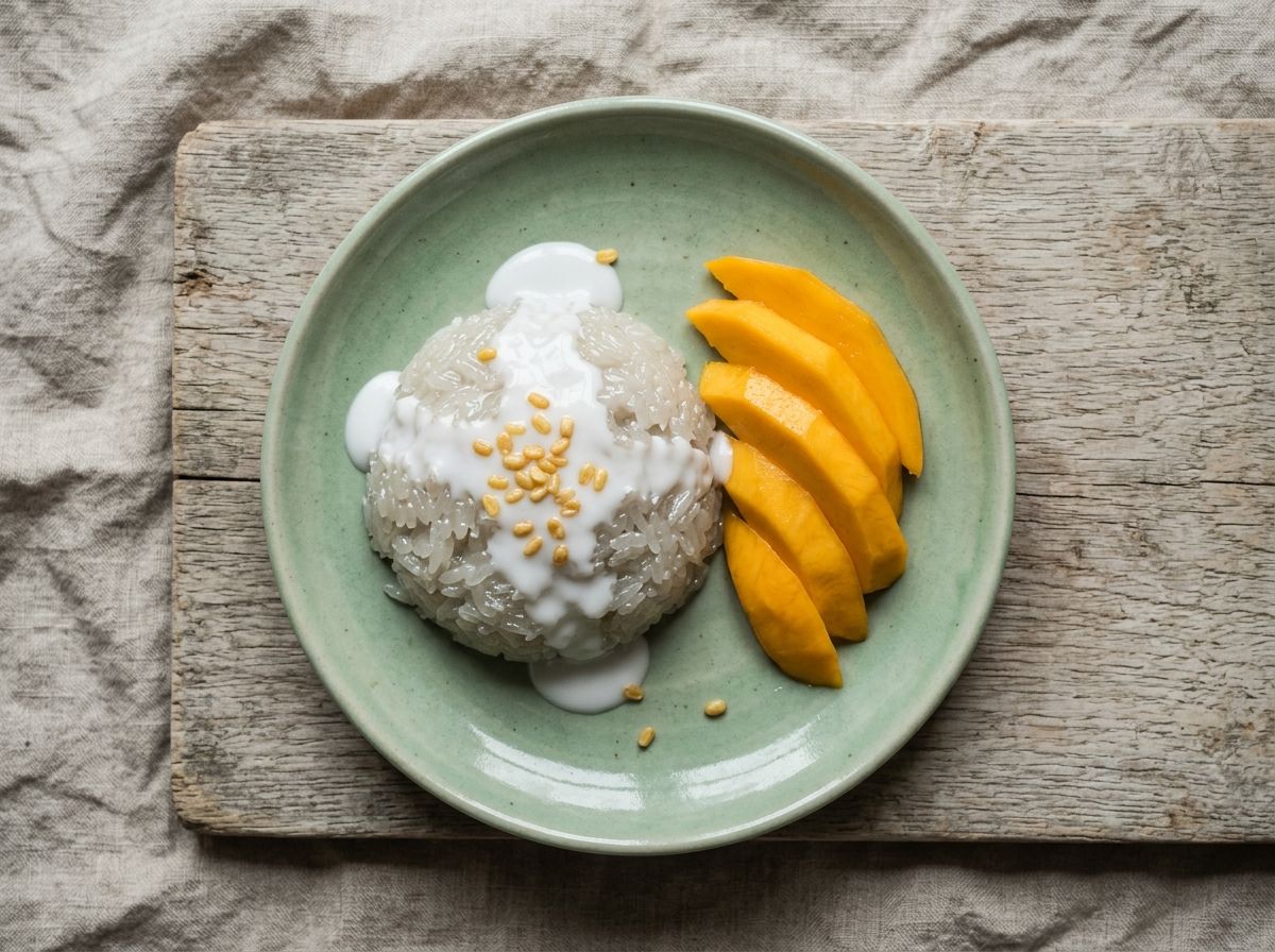 The finished plate: coconut sticky rice under salted coconut cream with mango and toasted mung beans