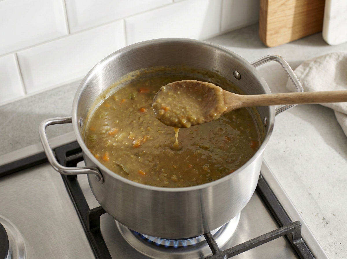 The peas fully collapsed into a thick opaque khaki soup that coats the back of the spoon