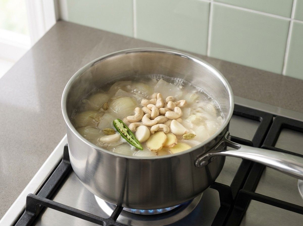 Onion chunks, raw cashews, garlic, ginger, green chili and cardamom simmering in water in a saucepan