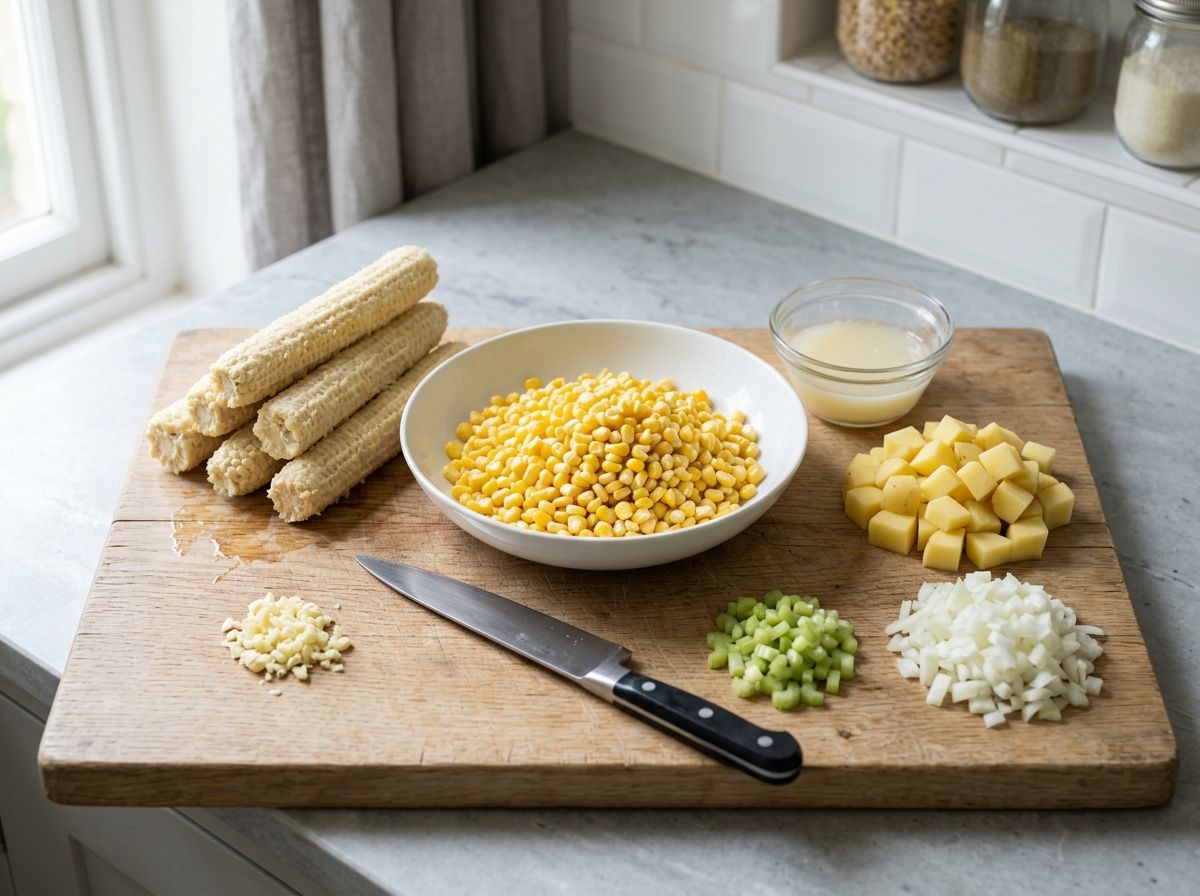 Stripped corn cobs, a bowl of kernels and a small bowl of cloudy corn milk beside diced potato, onion, celery and garlic on a board