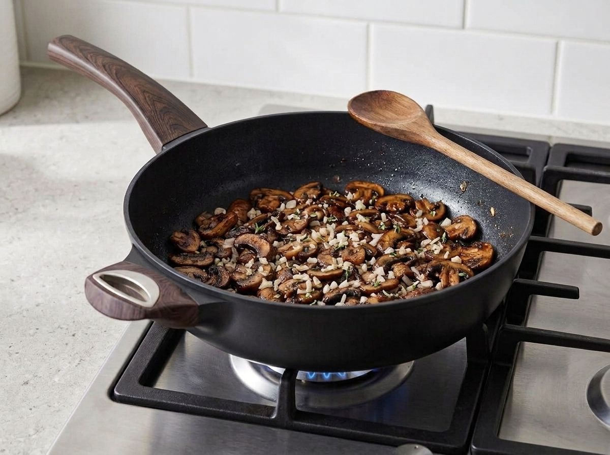 Chopped shallots and garlic softening among the browned mushrooms in the skillet.