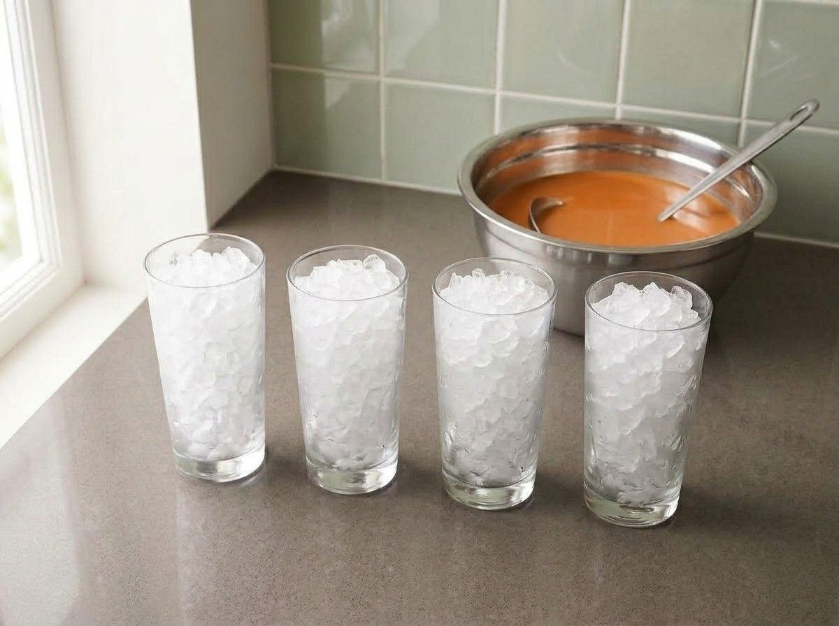 Four tall glasses packed with crushed ice beside the bowl of chilled tea