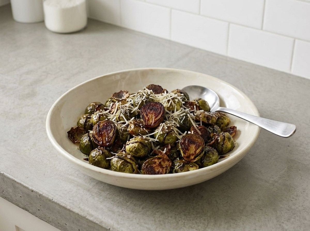 Roasted Brussels sprouts in a cream serving bowl, drizzled with balsamic glaze and showered with grated Parmesan.