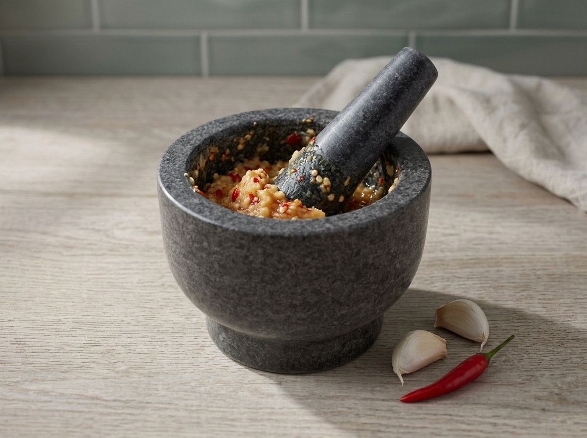 Garlic cloves and red Thai chilies pounded to a coarse paste in a granite mortar
