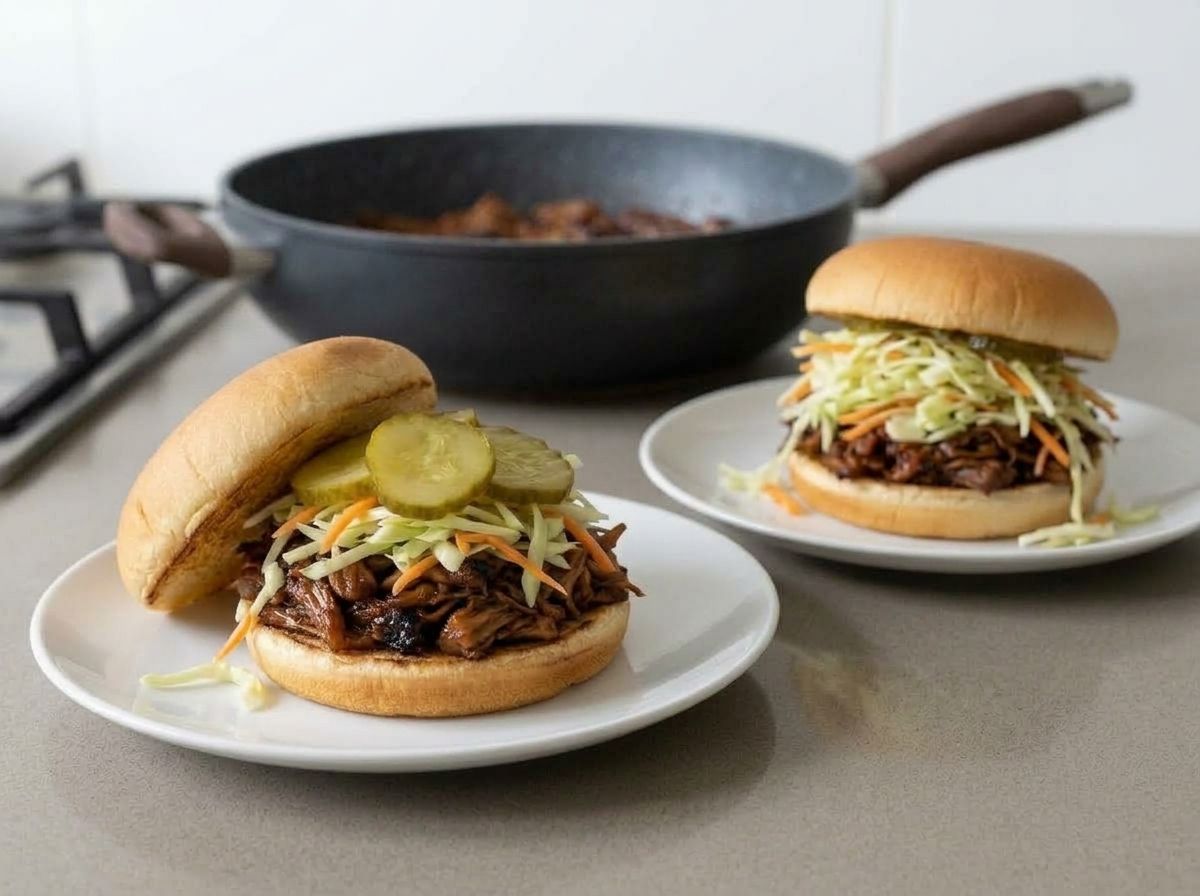 BBQ jackfruit sandwiches on toasted buns topped with vinegar slaw and dill pickles