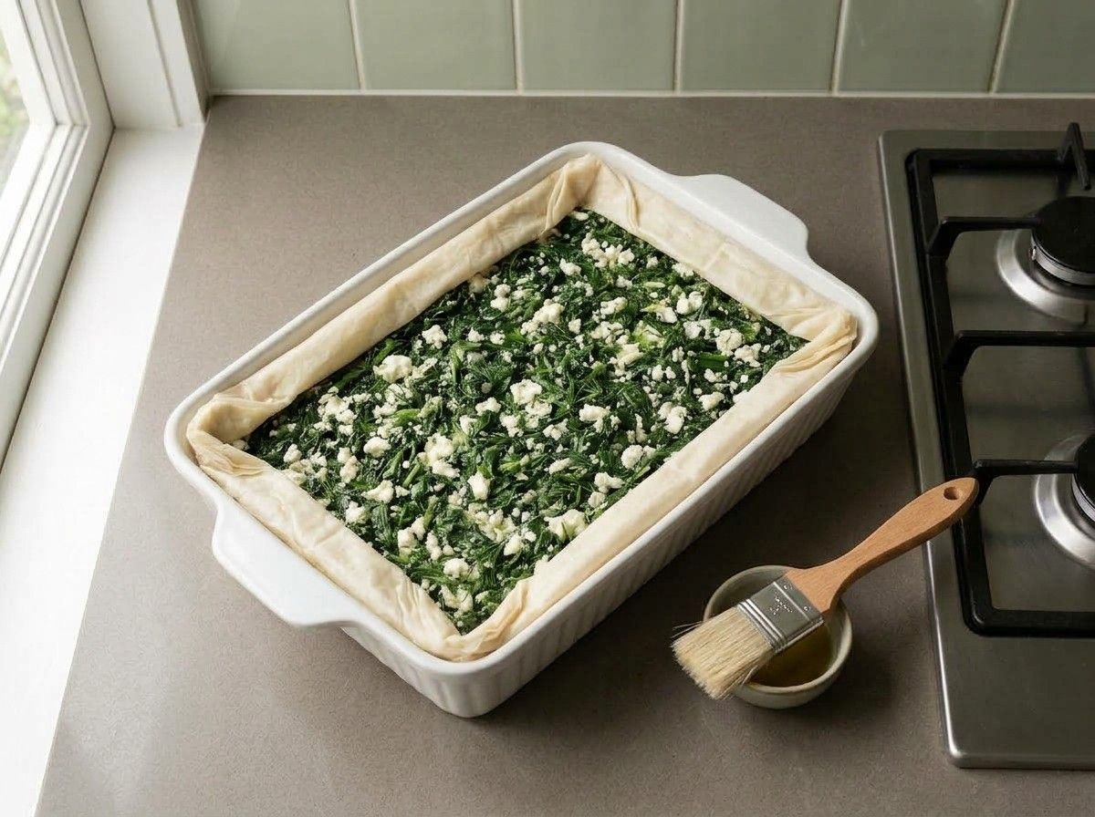 Spinach and feta filling spread in the phyllo-lined dish with the overhanging edges folded in