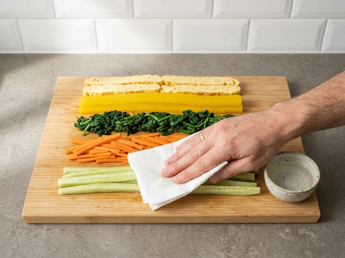 The five fillings lined up on the board in rows, egg, pickled radish, spinach, carrot and cucumber, the salted cucumber being patted dry.