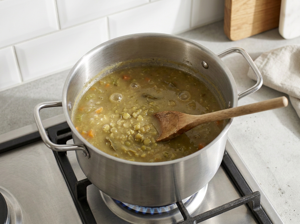 The soup partway through its simmer, gone murky and thickened, a wooden spoon dragged across the bottom of the pot