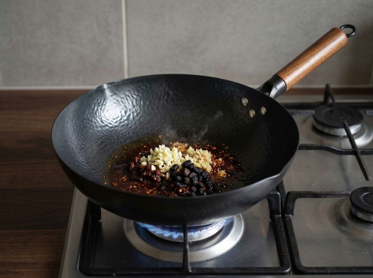 Minced garlic, ginger and wrinkled black fermented beans added to the fried chili bean paste in the wok.