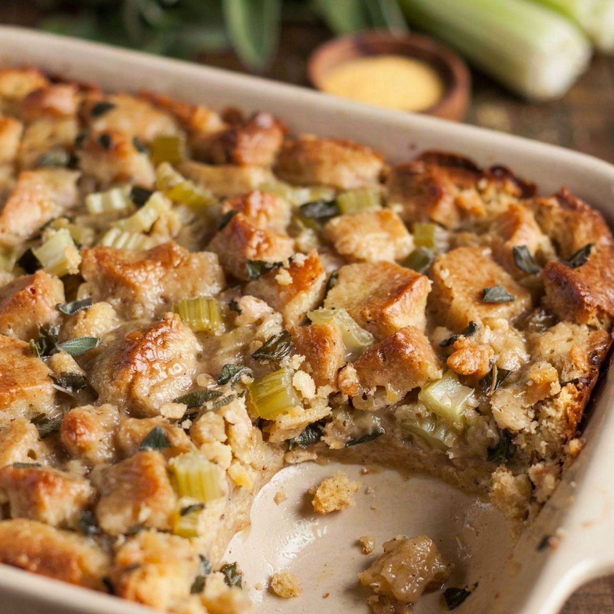 Vegan cornbread dressing in a cream stoneware baking dish, a moist glistening golden brown surface of soaked cornbread crumbs flecked with sage and celery, with a soft hollow spooned out of one corner.