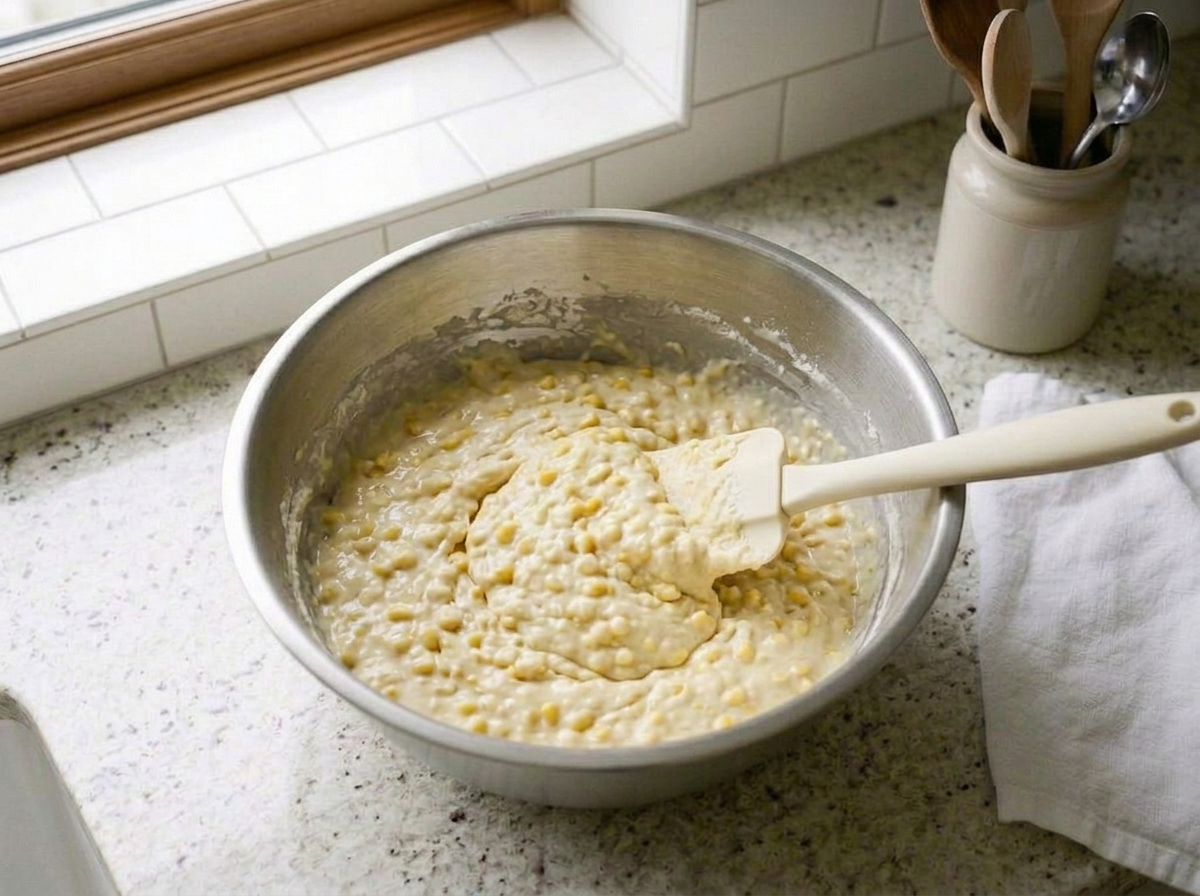 The dry mix folded into the wet batter with a spatula, a few pale dry streaks still showing.