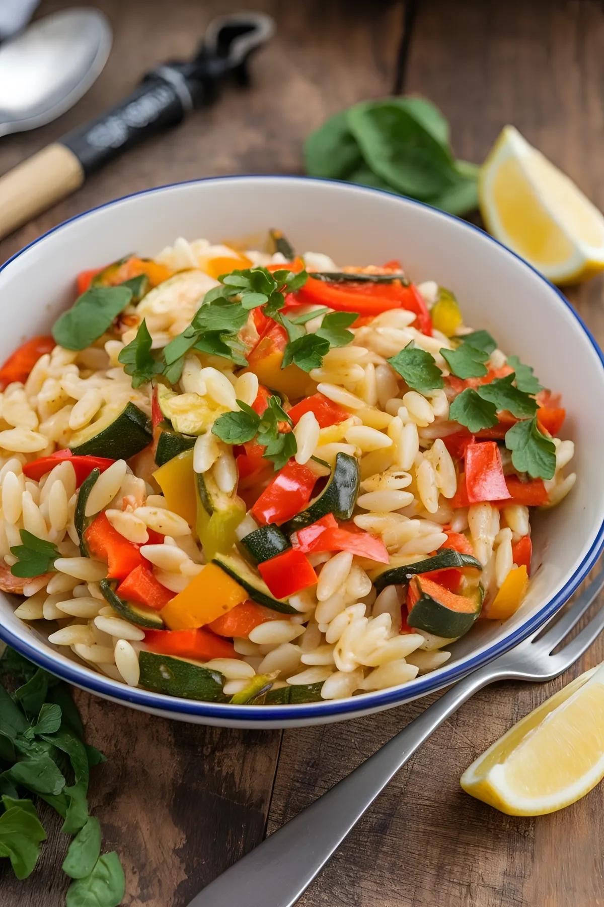 A bowl of vegetable orzo pasta with bell peppers, zucchini, and spinach, garnished with parsley on a wooden table.