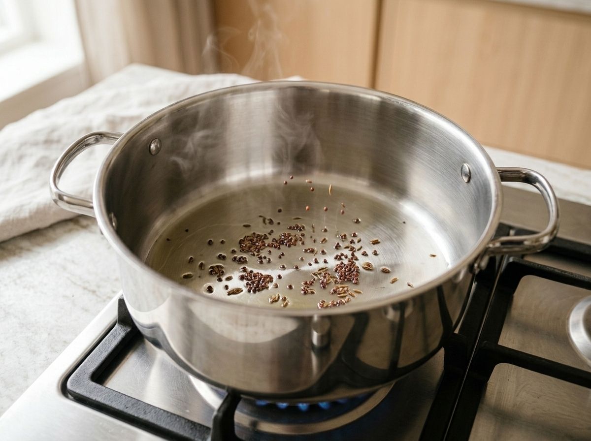 Mustard and cumin seeds popping in a thin film of hot oil in the bottom of a large steel pot