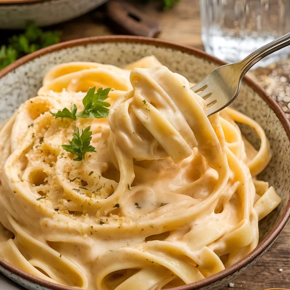 A bowl of vegan fettuccine Alfredo with cashew sauce and parsley garnish on a rustic table.