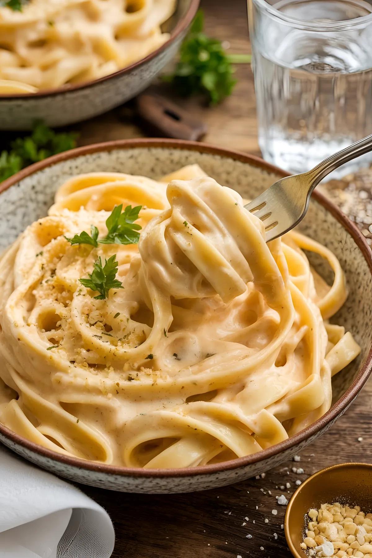 A bowl of vegan fettuccine Alfredo with cashew sauce and parsley garnish on a rustic table.
