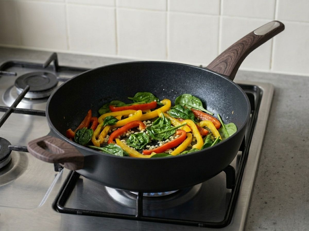 Bell pepper strips and baby spinach frying in the garlic oil before any sauce goes into the pan
