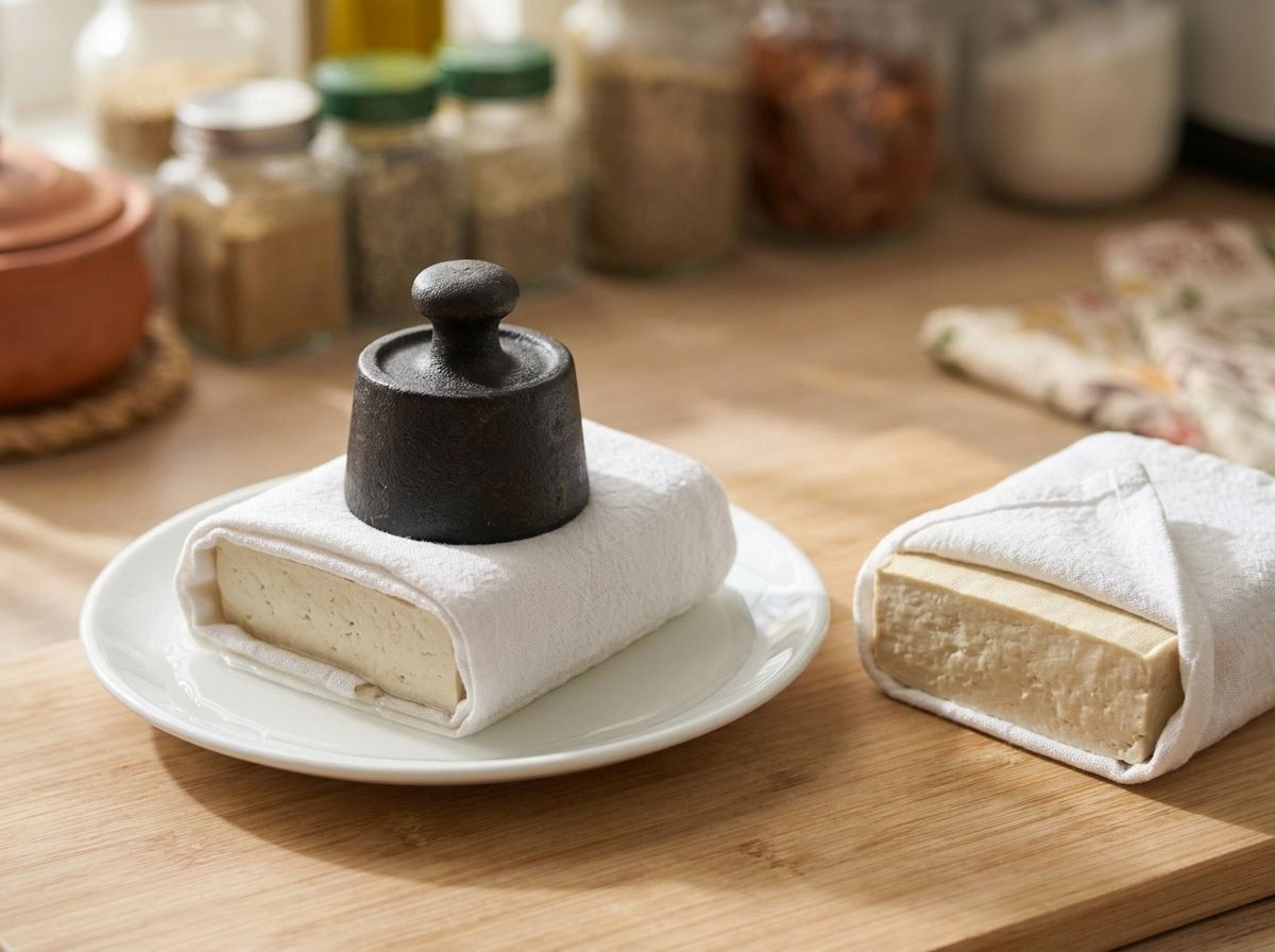 A block of firm tofu wrapped in a towel under a weight, water pooling on the plate beneath.