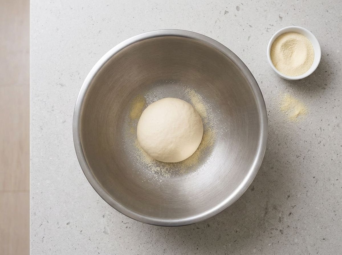 A firm ball of pale semolina dough resting in a stainless steel mixing bowl after kneading.