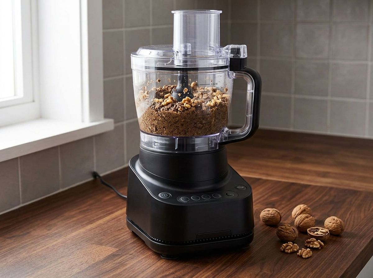 The mushroom and walnut pate blended to a coarse spreadable paste in a food processor.