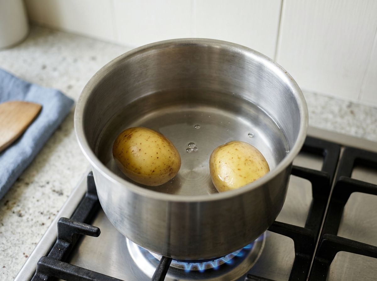 Two whole unpeeled potatoes boiling in a stainless steel saucepan of water on the hob.