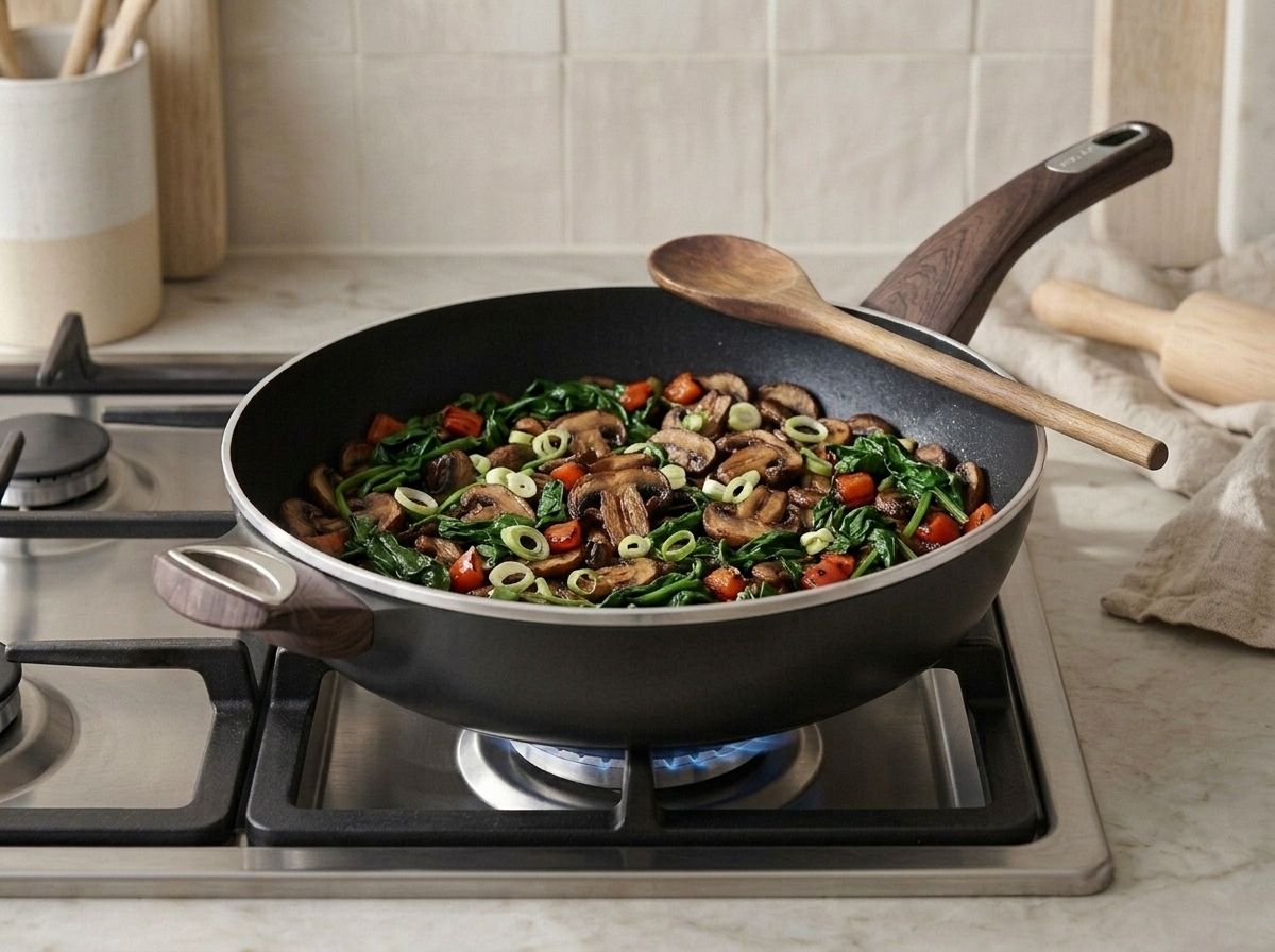 Diced red pepper and collapsed spinach stirred through the browned mushrooms in a dry pan.
