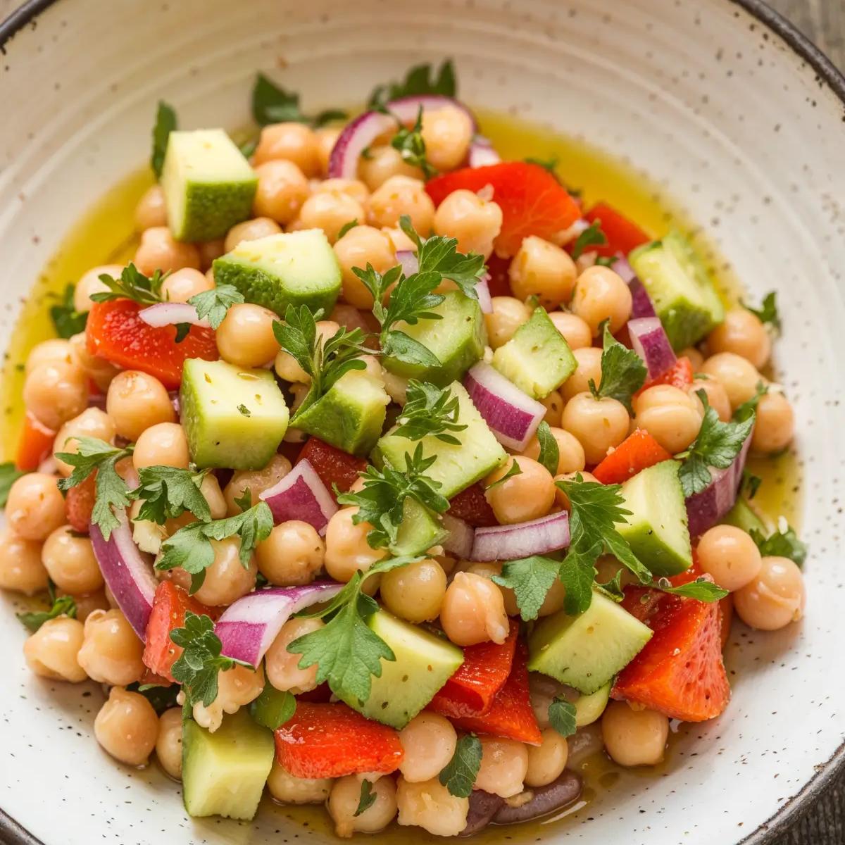 A vibrant chickpea salad with avocado, cucumber, and bell pepper in a white bowl on a wooden table.