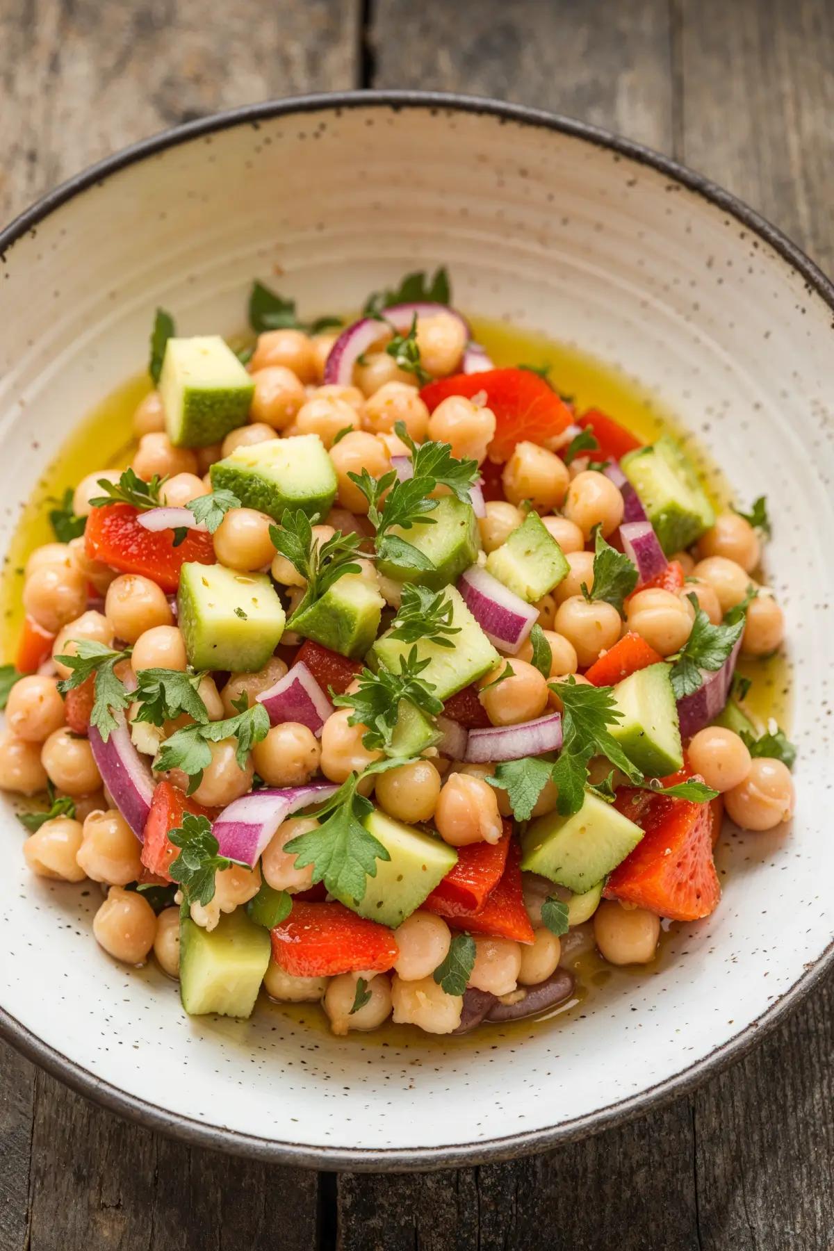 A vibrant chickpea salad with avocado, cucumber, and bell pepper in a white bowl on a wooden table.