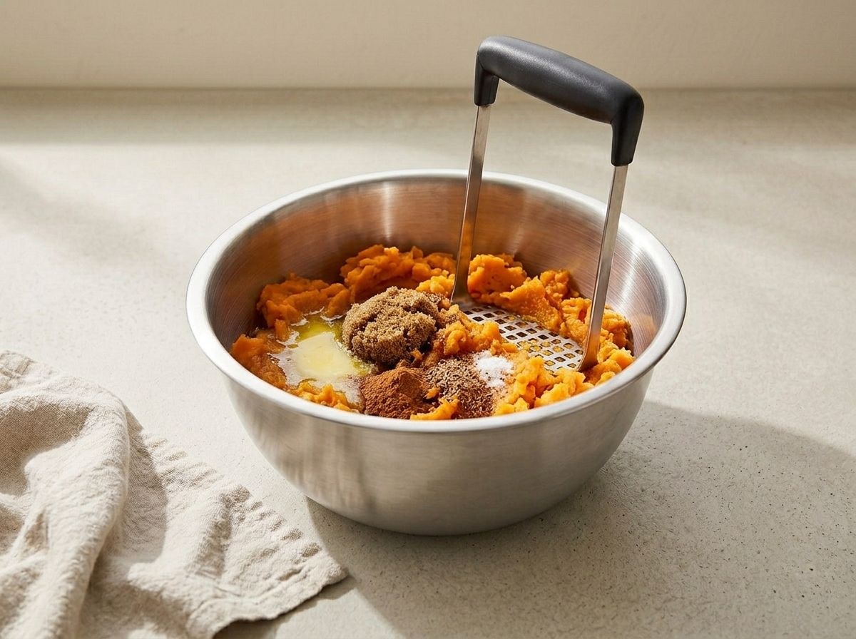 Melted butter, brown sugar, cinnamon, nutmeg and salt added to the hot sweet potato before mashing