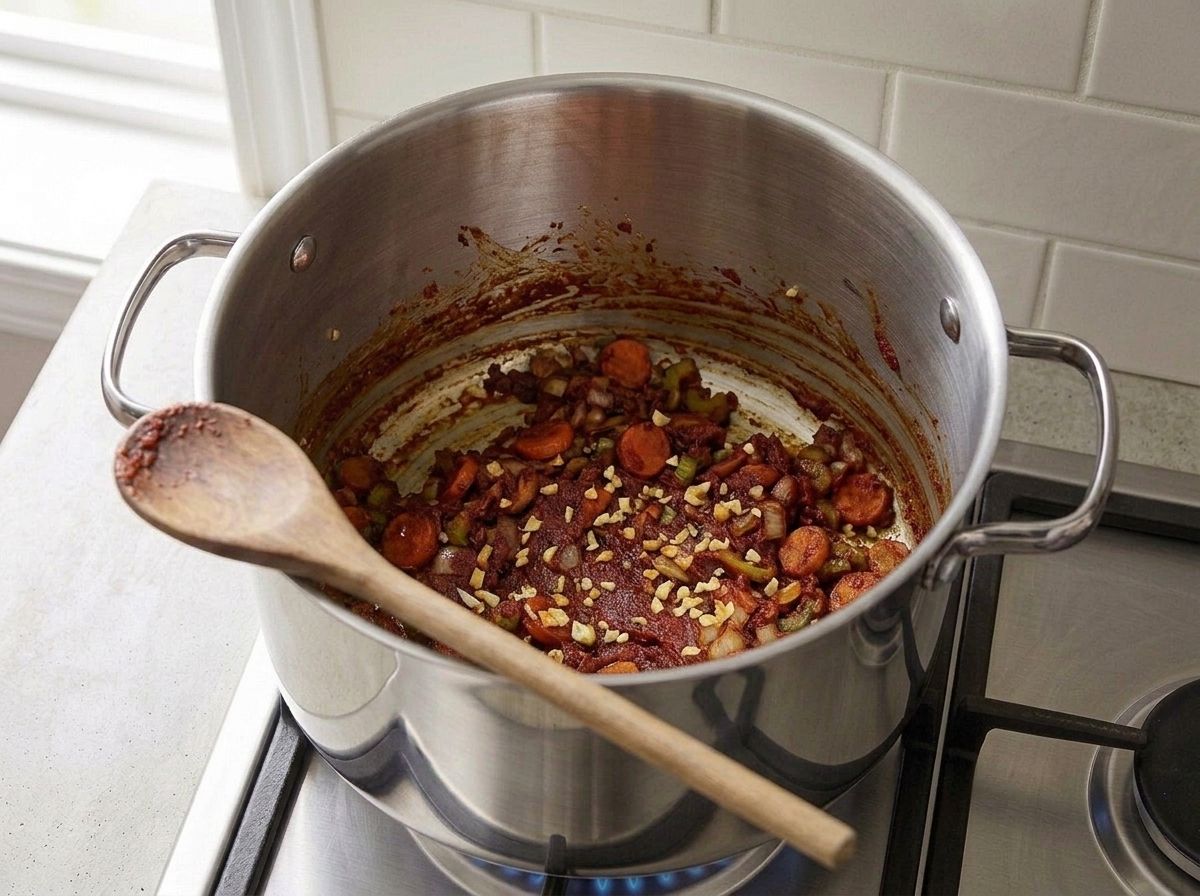 Tomato paste and minced garlic stirred into the softened vegetables and fried down to a deep brick red