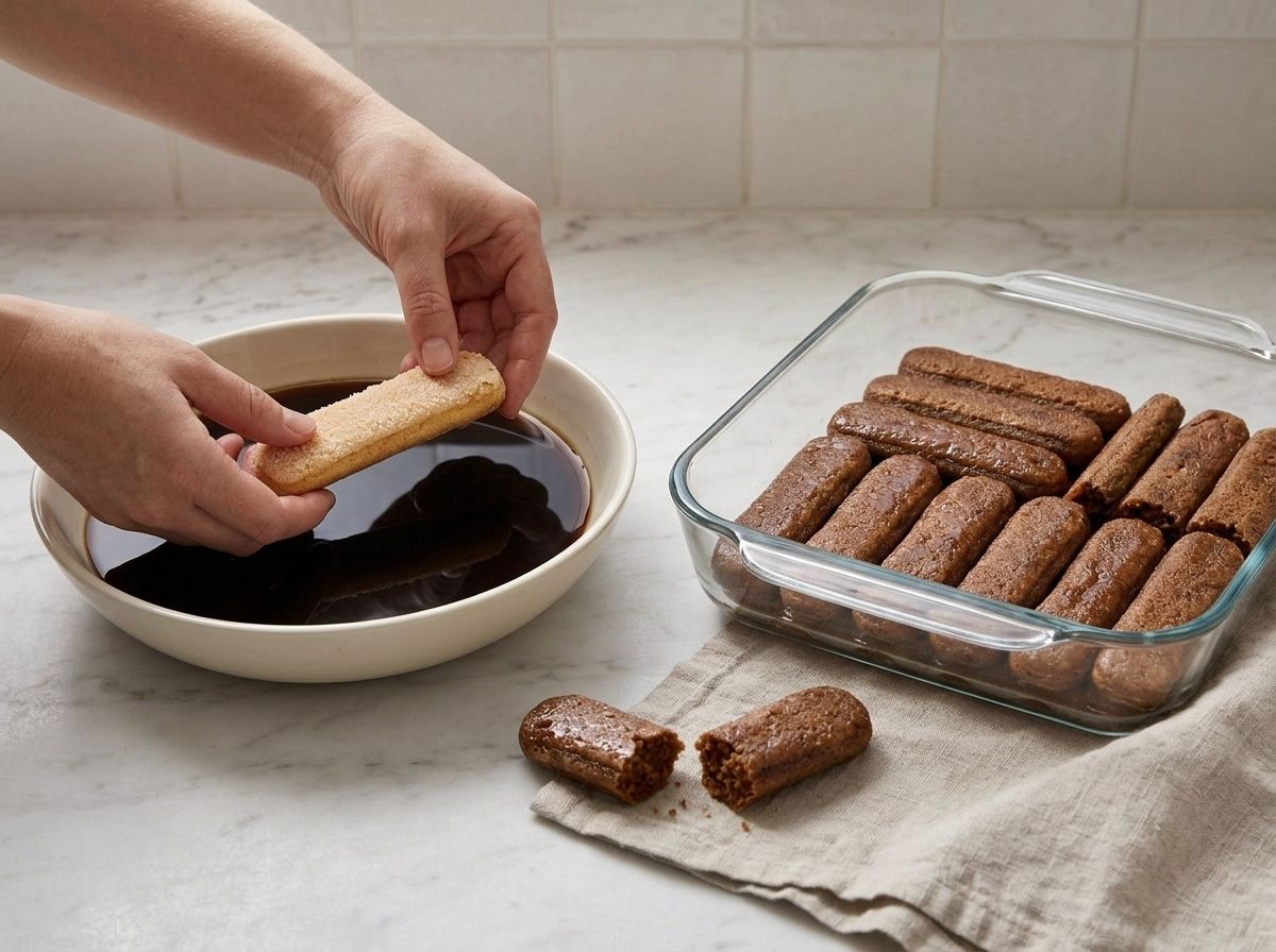 A ladyfinger dipped in cold coffee, with a snapped one showing the crumb soaked dark right through