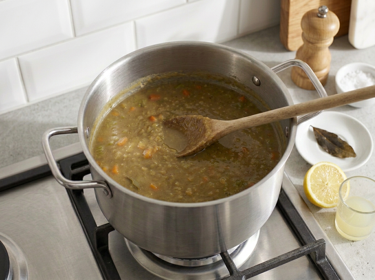 The pot off the heat with the bay leaf removed, lemon juice ready to stir in alongside salt and a pepper mill