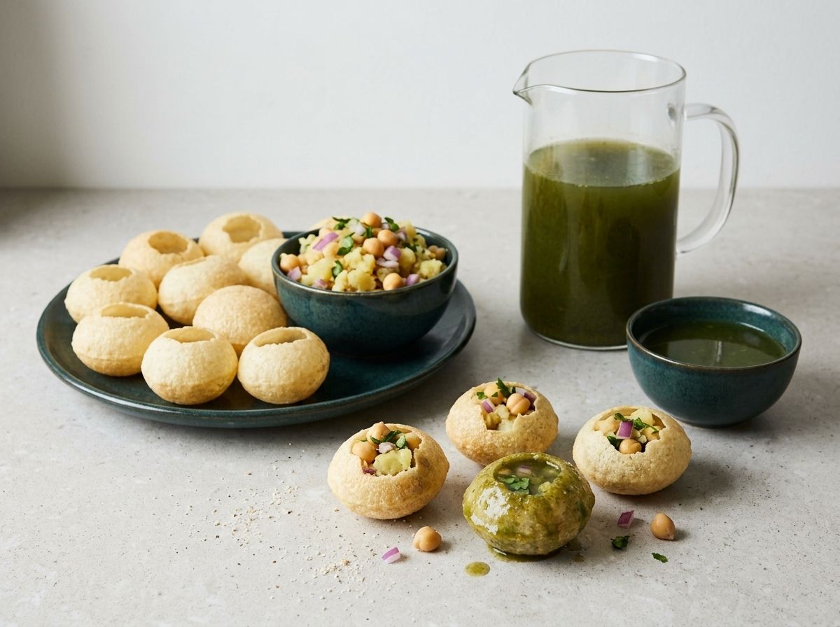 The assembly spread: whole puris, the potato and chickpea filling, green pani, and three filled puris.